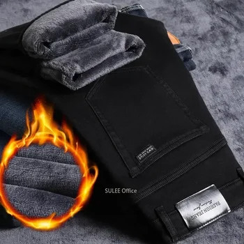 2023 Winter Men Black Blue Straight Stretch Denim Thick Velvet Pants Warm Jeans Casual Fleece Line Trousers Male Plus Size 1