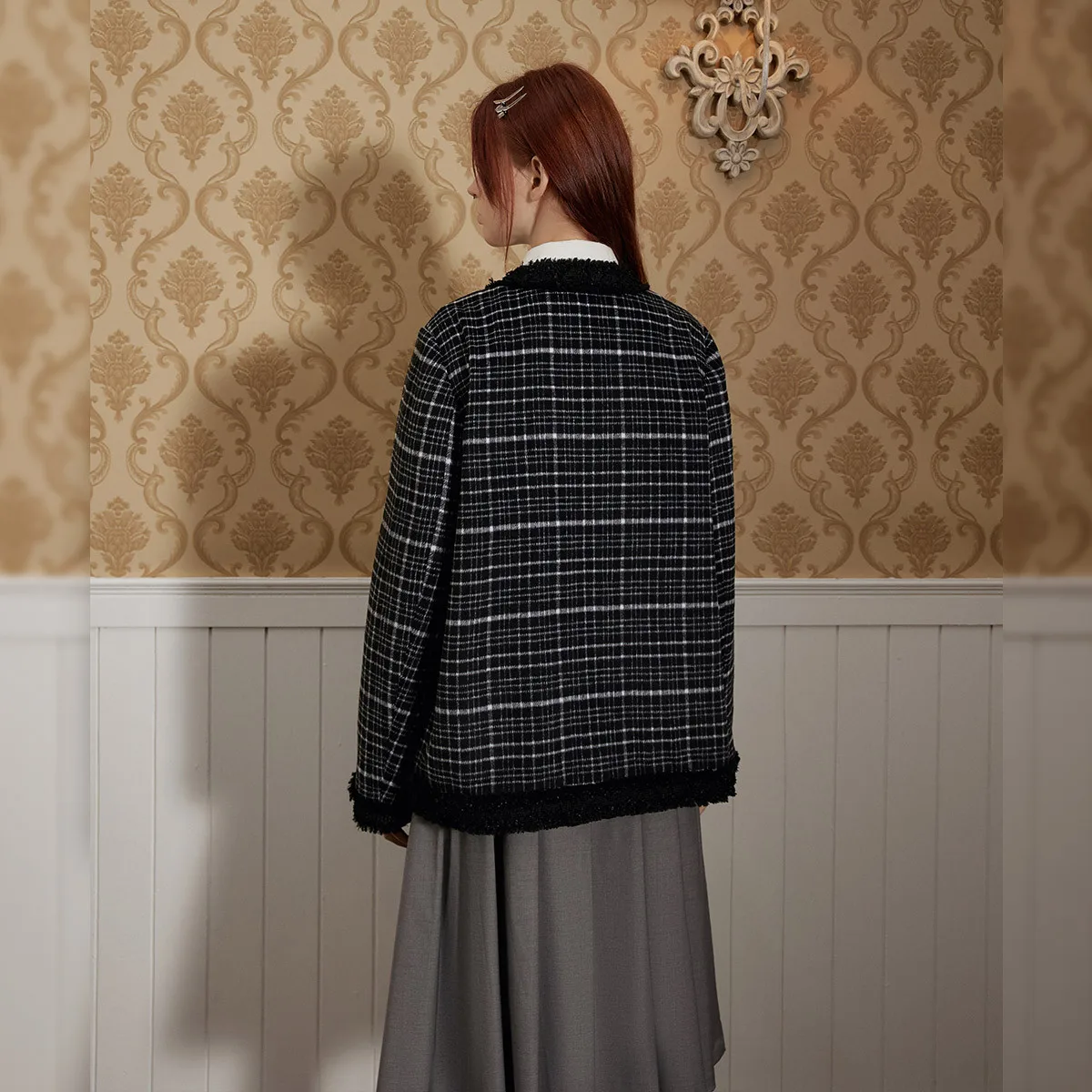 UNIFREE Fashion Cropped Jacket Autumn Winter Tassel Patchwork Vintage Stripe Outwear All-Match Single Breasted Tweed Coat