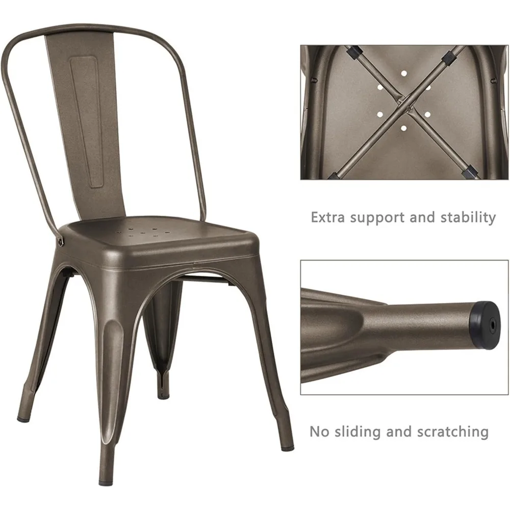 Metal Dining Chair Stackable Indoor Outdoor Industrial Vintage Chairs Bistro Kitchen Cafe Side Chairs with Back Set of 4 (Black) 5