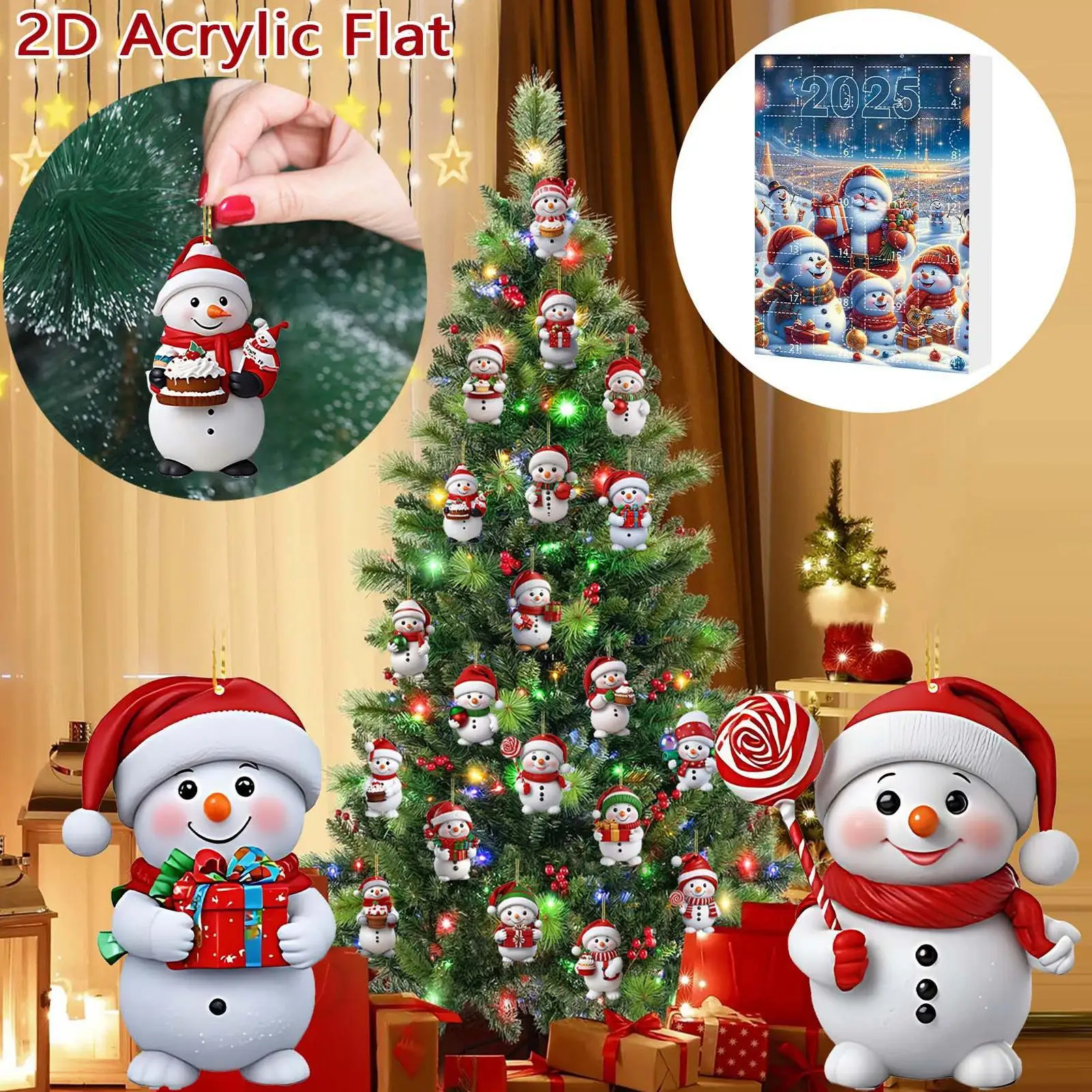 Christmas Countdown Ornaments 2D Acrylic Snowman Pendants Advent Decoration Christmas Countdown Hanging for Xmas Tree