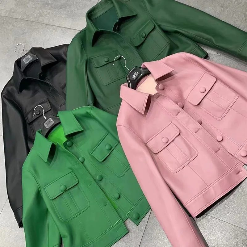 Leather Jackets Crop Biker Jackets 2022 New Autumn Women's Genuine Sheepskin Solid Single-Breasted Coats FG4032