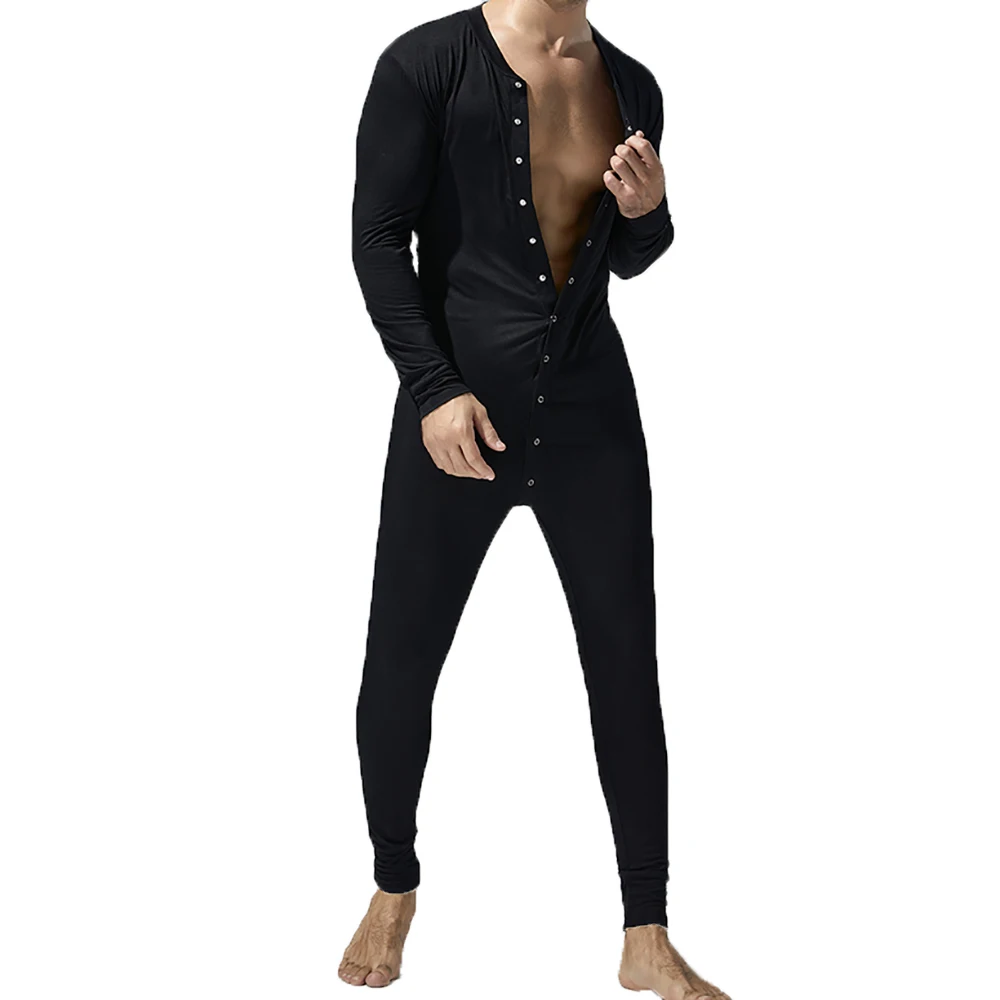 Men Undershirt Jumpsuits Leggings Long Sleeve Button Open Crotch Full Bodysuits Onesies Wrestling Singlet One-piece Leotard