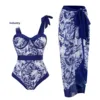 Conservative One-Piece Bikini Set with Beach Skirt Shantung Wrap for Hot Springs Swimming Suit Full Body Cover up Women's Swimwe