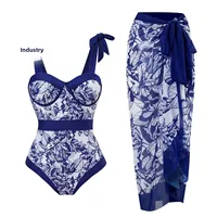 Conservative One-Piece Bikini Set with Beach Skirt Shantung Wrap for Hot Springs Swimming Suit Full Body Cover up Women's Swimwe