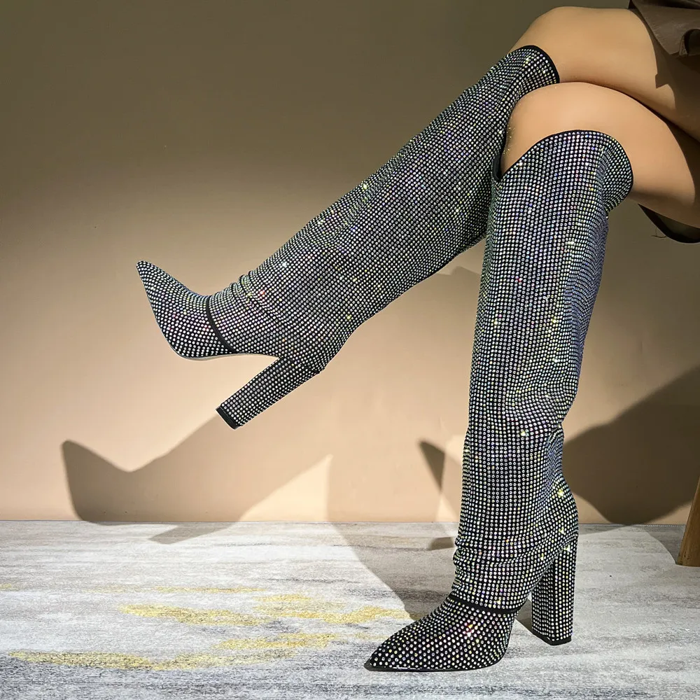 

Women Autumn Winter Knee High Boots Fashion Rhinestone Woman Pointed Toe Thick Heel Trouser Legs Shoes Ladies Wedding Party Boot