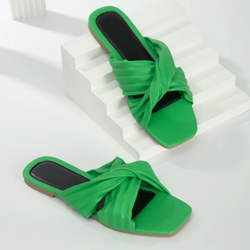 

Шлепанцы женские с рюшами, плоская подошва, открытый носок, перекрестный бант, Нескользящие пляжные тапочки, 2024