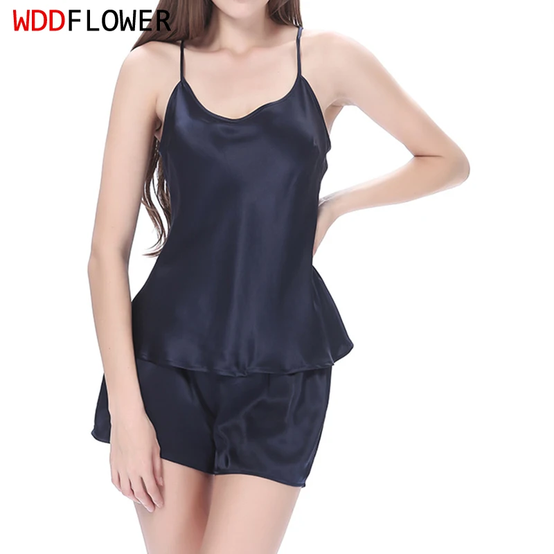 Women 100% Natural Silk 16 momme satin silk Camisole with Shorts Pajama Set Sleepwear M-2XL YM004