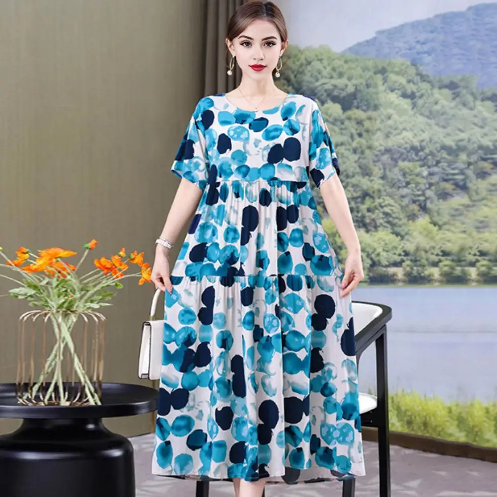 

Printed Dress Short-sleeve Dress Stylish Plus Size Women's A-line Midi Dress Pleated Patchwork Crew Neck Short for Casual