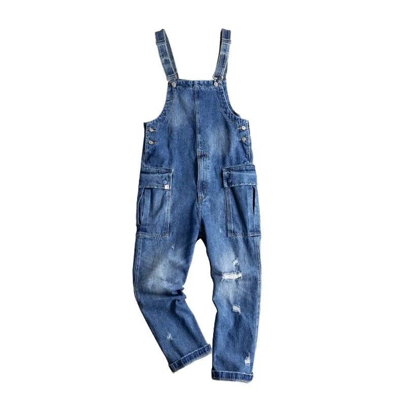 

Men Big Side Pockets Cargo Denim Bib Overalls Loose Blue Ripped Distressed Jeans Casual Jumpsuits Coveralls for Youth Man