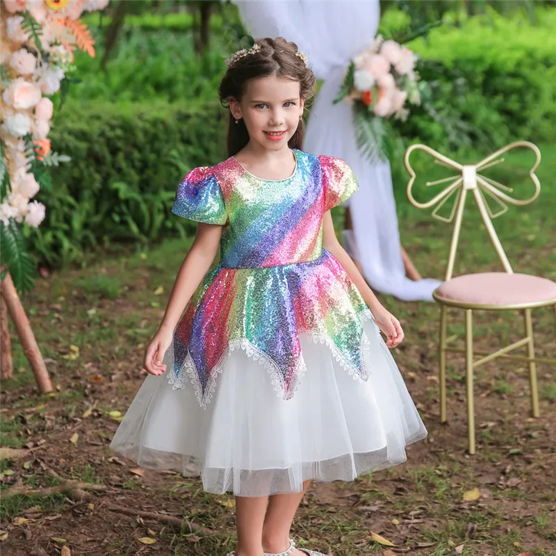 

3-10T Girls fluffy princess tail dresses summer children's clothing model catwalk evening Kids dress baby beaded tutu dress