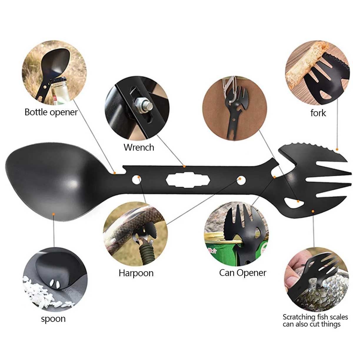 10-in-1 Multi-Functional Spork: Stainless Steel Portable Utensil Spoon, Can Opener, Serrated Knife, Wrench, Direction Indicator