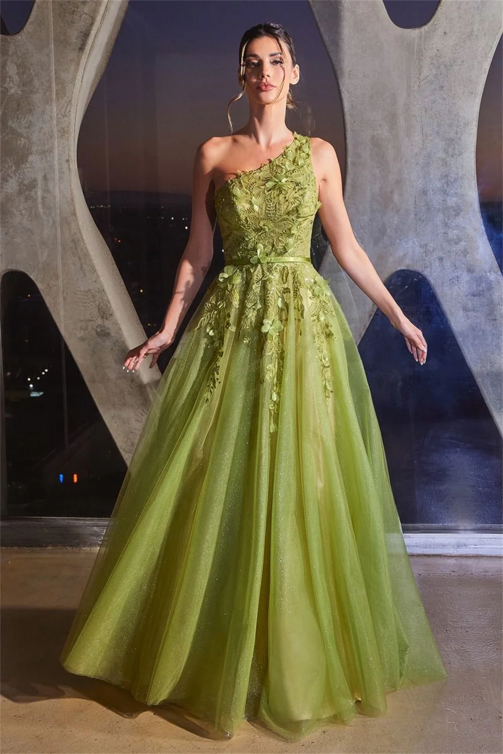 One-shoulder 3D Floral Prom Dresses Sheer Corset Sleeveless Backless Sashes Formal Evening Party A-line Floor-length Ball Gowns
