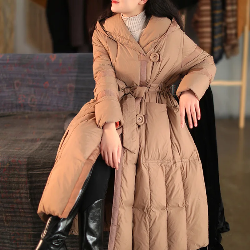 thumbnail image 1 of Chaqueta de plumón larga de invierno con capucha y diseño de lazo en la cintura para mujer, parkas mullidas de un solo pecho, 1 of 5