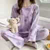 2PCS/Set Spring Autumn New Comfortable Simple Cute Fashion Elastic Cartoon Korean Long Sleeve Large Size Home Women's Pajamas 1