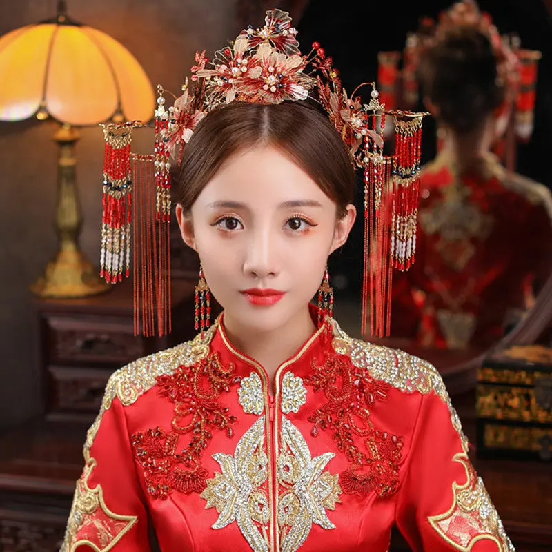 

Головной убор в китайском стиле новинка 2022 красная китайская Невеста Fengguan Старинное платье Xiuhe Свадебные ювелирные изделия тиары и токады