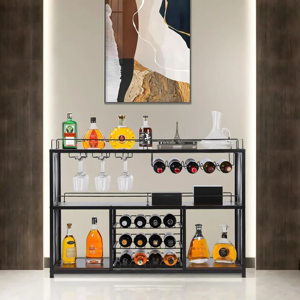 Wine Bar Cart Home Bar Serving Cart 3 Tier Drink with 17 Wine Bottle Racks Liquor Beverage for Kitchen Dining Room
