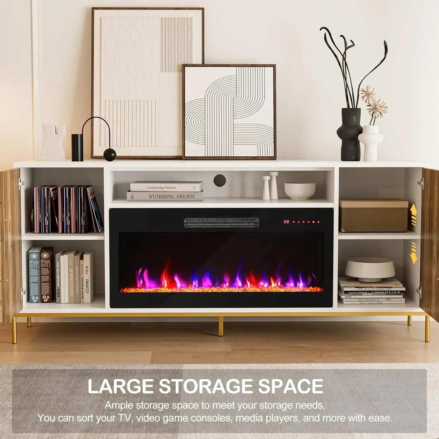 Description Picture 5 of item68" Wood TV Stand with 36" Electric Fireplace Entertainment Center with Storage Cabinet Console Table for TVs up to 75 Inches