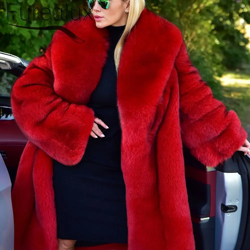 Furealux Real Fox Fur Coat With Big Lapel Fashion Luxurious Winter Keep