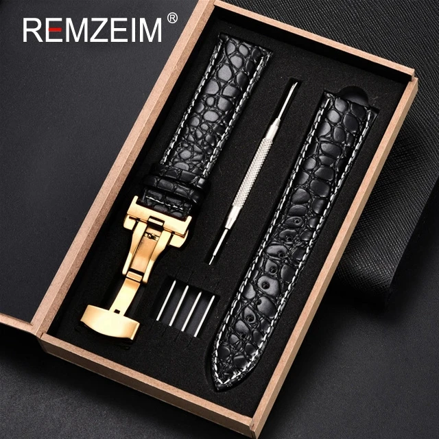 Luxury Embossed Leather Watch Strap with Butterfly Clasp