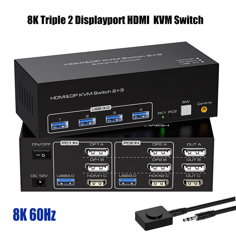 

8K HDMI and 2 Displayport KVM Switch 3 Monitors 2 Computers ,2x3 Triple Monitor KVM Keyboard Mouse Switcher for 2 PC or Laptops