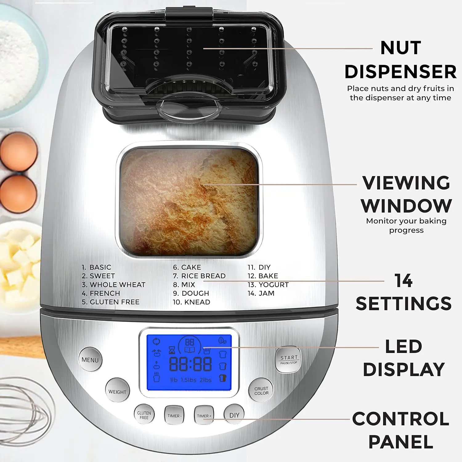Bohrschmidt stainless steel toaster Toaster includes gluten-free and fruit, nut dispenser, non-stick pan 2