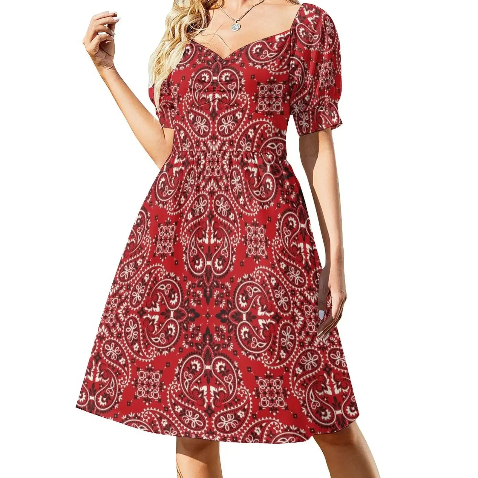 thumbnail image 1 of Vestido de manga corta con estampado estilo bandana para mujer, vestido vintage para mujer, vestidos de fiesta., 1 of 8