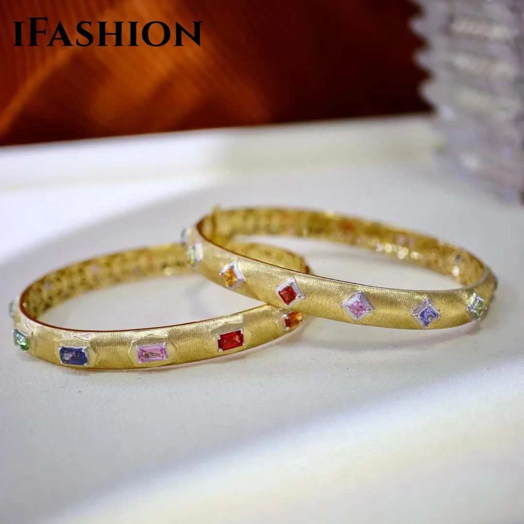 IFASHIONAU75018kRealGoldHandBraceletABsidedSapphireWomensWristBraceletsFine