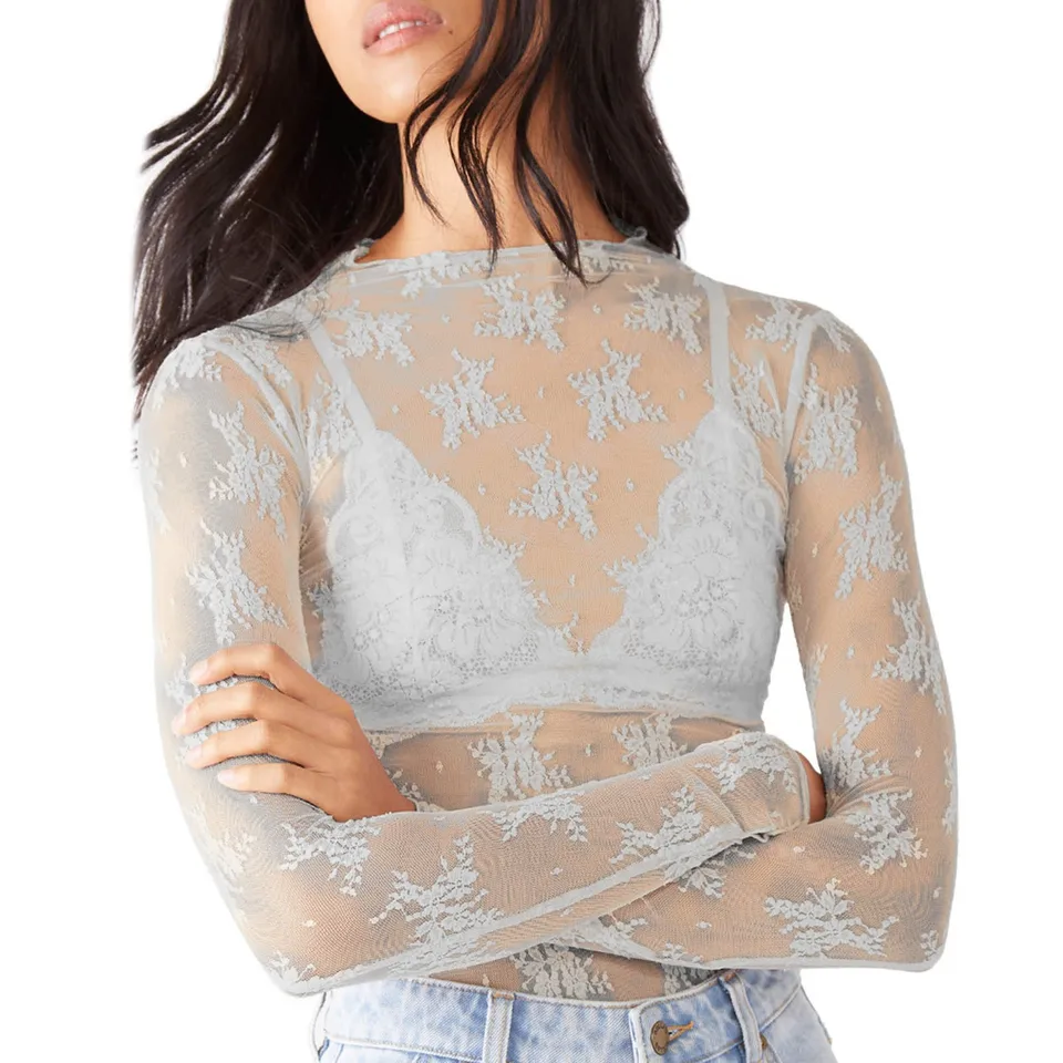 Women Sheer Mesh Long Sleeve Floral Turtleneck Top