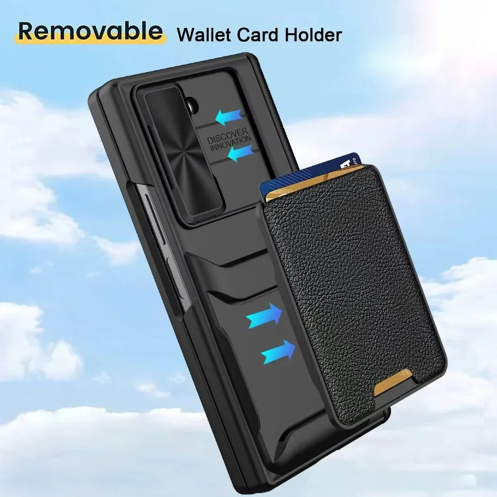 Slide Window Removable Wallet Card Holder Phone Case with Screen Protector and Hinge Protection