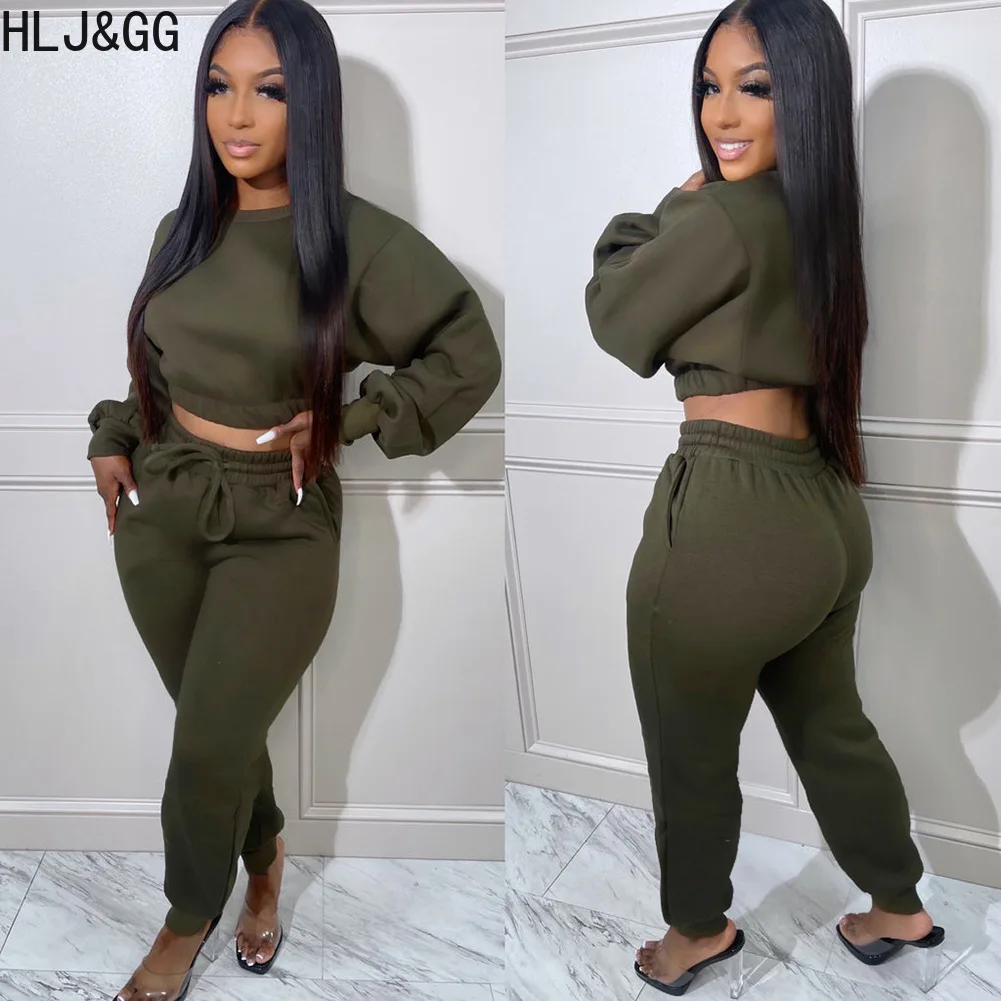 HLJ&GG Winter Casual Solid Jogger Pants Two Piece Sets Women Round Neck Long Sleeve Crop Top And Pants Tracksuits Female Outfits