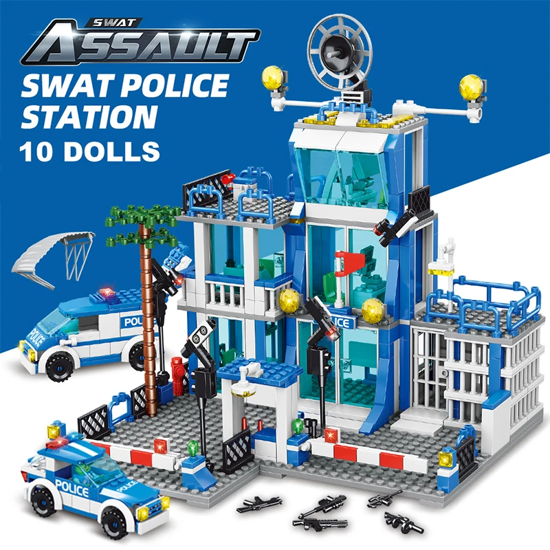 City Police Station Building Blocks Set Boys DIY Car Figures Bricks Educational