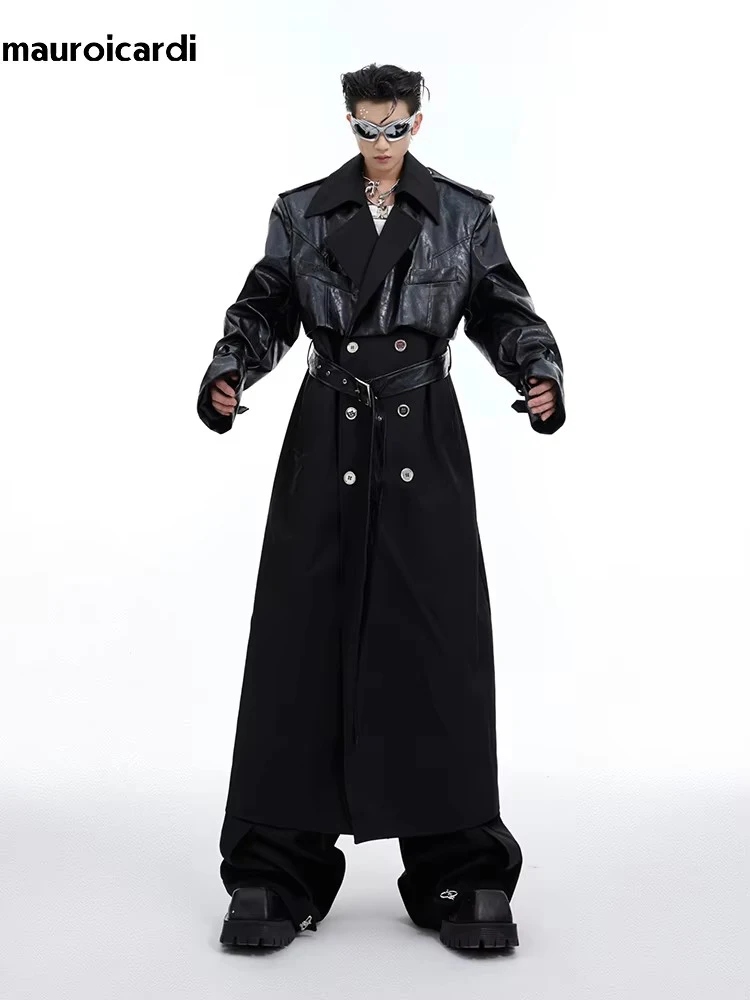 Mauroicardi 용수철 롱 쿨 PU 가죽 패치워크 트렌치 코트, 남성 어깨 패..