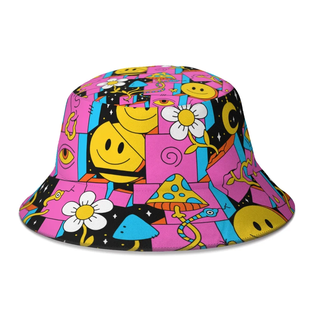 

Space Trippy Smile Fisherman Cap Hip Hop Gorras Unisex Magic Mushrooms Printing Bucket Hat Outdoor Beach Hiking Fishing Caps