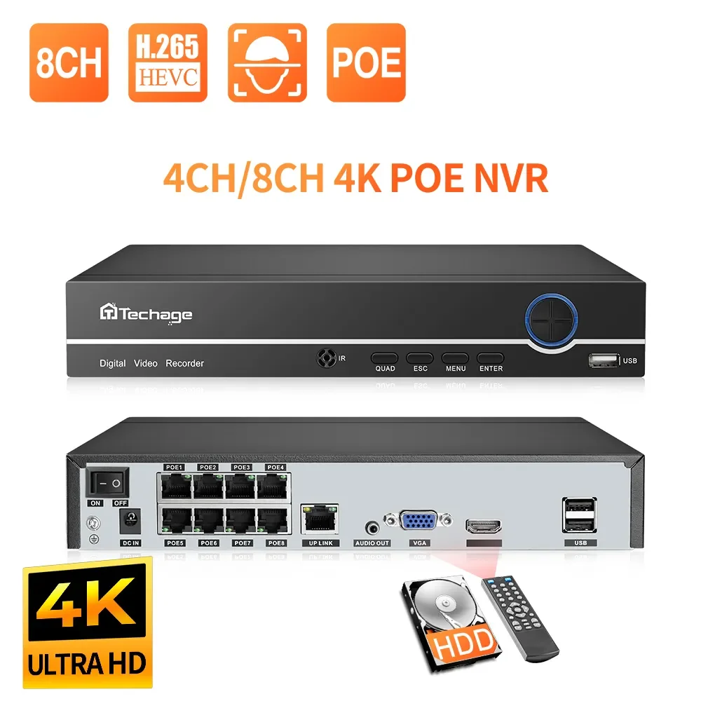 Techage H.265 4K 8CH PoE NVR 2MP 3MP 5MP Network Hard Disk Video Recorder Home Security CCTV Surveillance DVR For PoE IP Camera