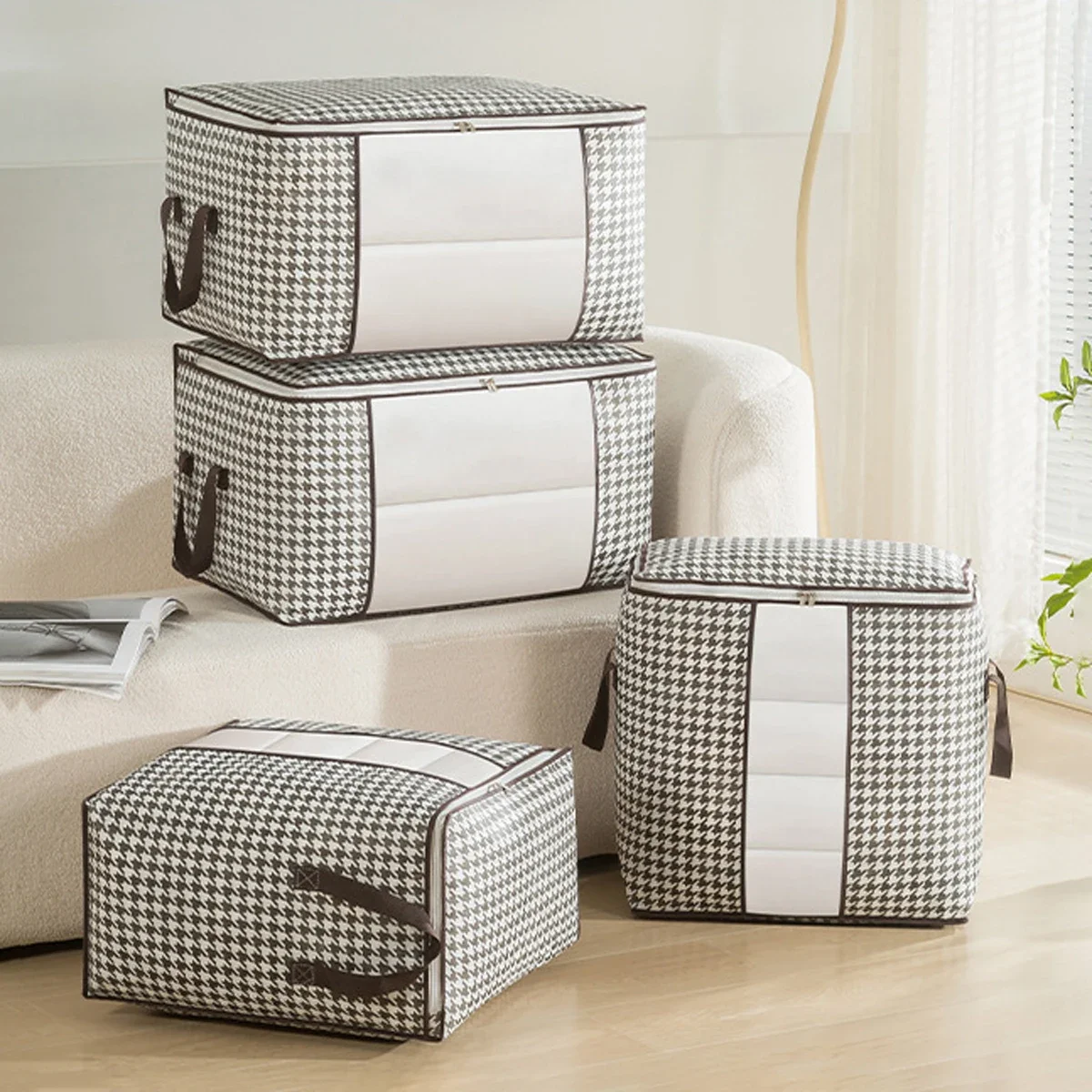 3pcs-Large Capacity Houndstooth Pattern Storage Box with Zipper