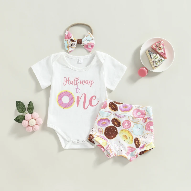 

Infant Baby Clothing Girls Letter Print Short Sleeve Crew Neck Romper Donut Print Shorts Headband 3Pcs Clothes Set