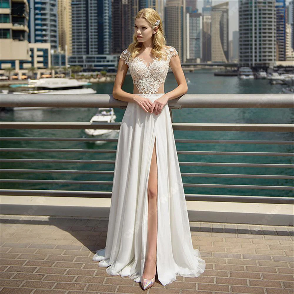Short Sleeves Wedding Dresses For Women Lace Decals Bridal Gowns Elegant Side Split  Bohemian Lady Vestidos De Novias Customized 3