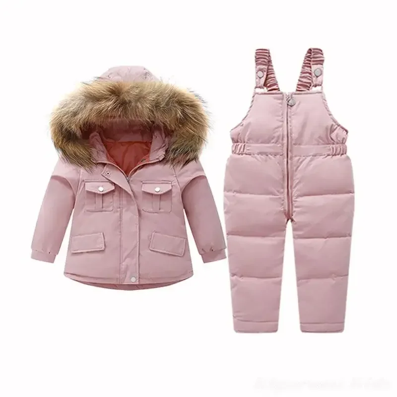 

2022 Big Fur Collar White Duck Down Jacket Kids Clothing Sets Boy Girl Winter Snow Suit Yellow Workwear Parkas Overalls Jumpsuit