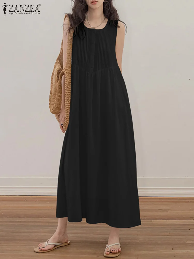 

ZANZEA Korea Loose Sundressn 2024 Summer Holiday Long Dress Solid Sleeveless Pleated Vestidos Fashion Casual Beach Tank Dresses