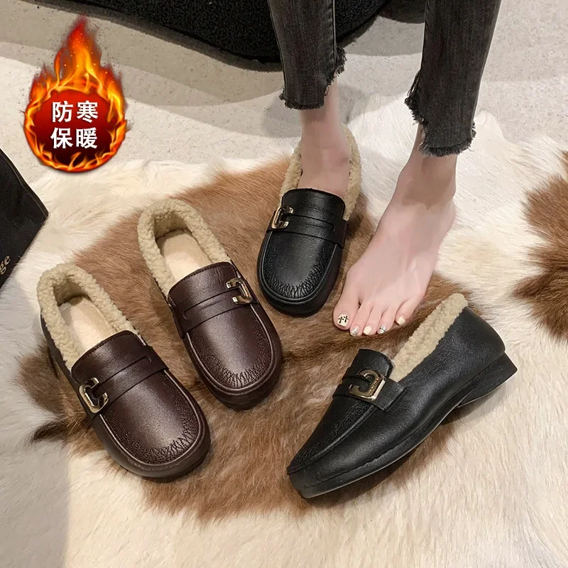 

Flat Shoes Female Winter New Women's Soft Sole Mom's Shoes Plush Warm Slip on Casual Loafers Soft Sole Comfortable Mocasines