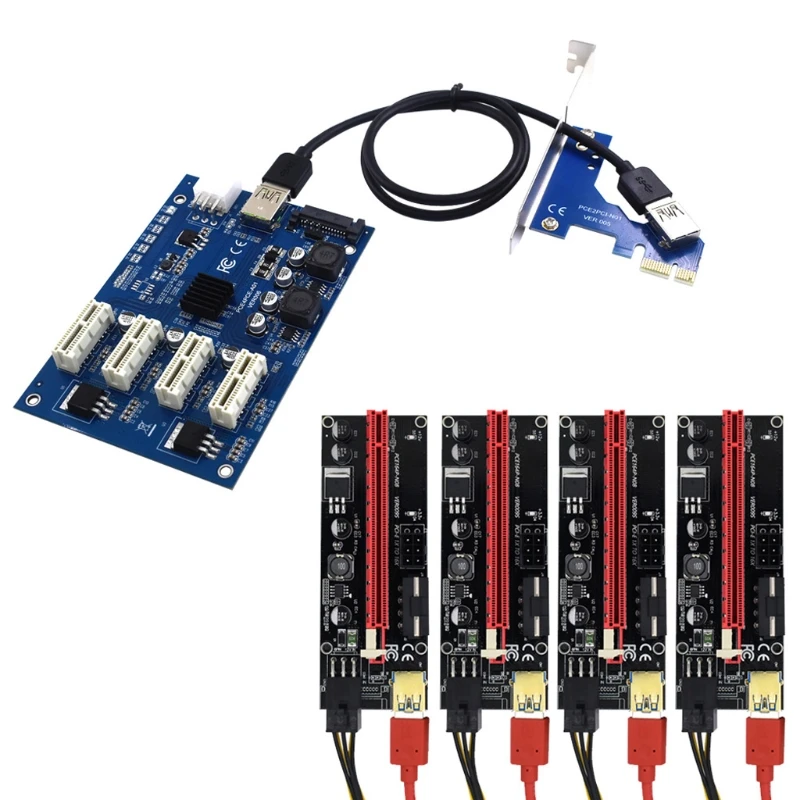 

009S PCIE1X 16X Riser Card Adapter USB3.0 Cable PCI-E 1X to 16X 4 USB Extender