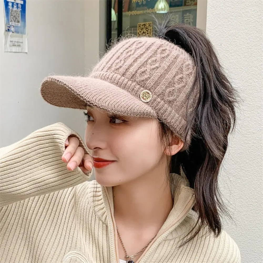 Women 2022 New Autumn Winter Warm Rabbit Knitted Hats Outdoor Sports Golf Ponytail Hat Baseball Empty Top Caps 1PC_voghion.com