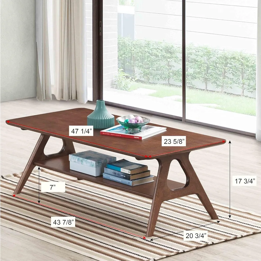 Mid-Century Modern Wood Coffee Table with Shelf Rectangular Table 2