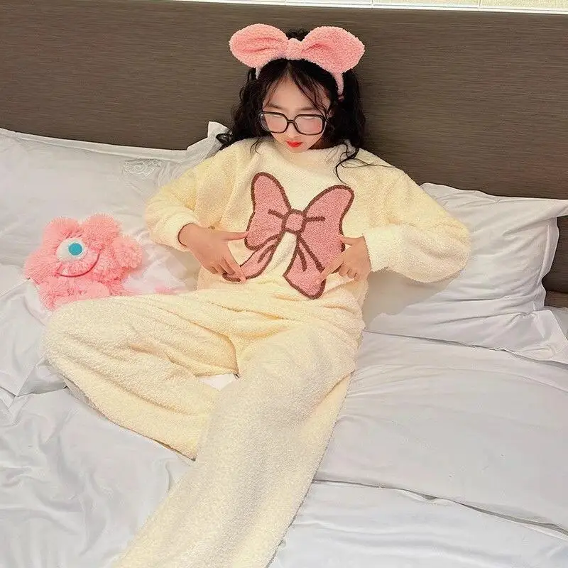 카와이 소녀 패션 잠옷 세트 학생 가을, 겨울 두꺼운 캐주얼 플란넬 탑 긴 바지 2 피스 세트 아동 의류