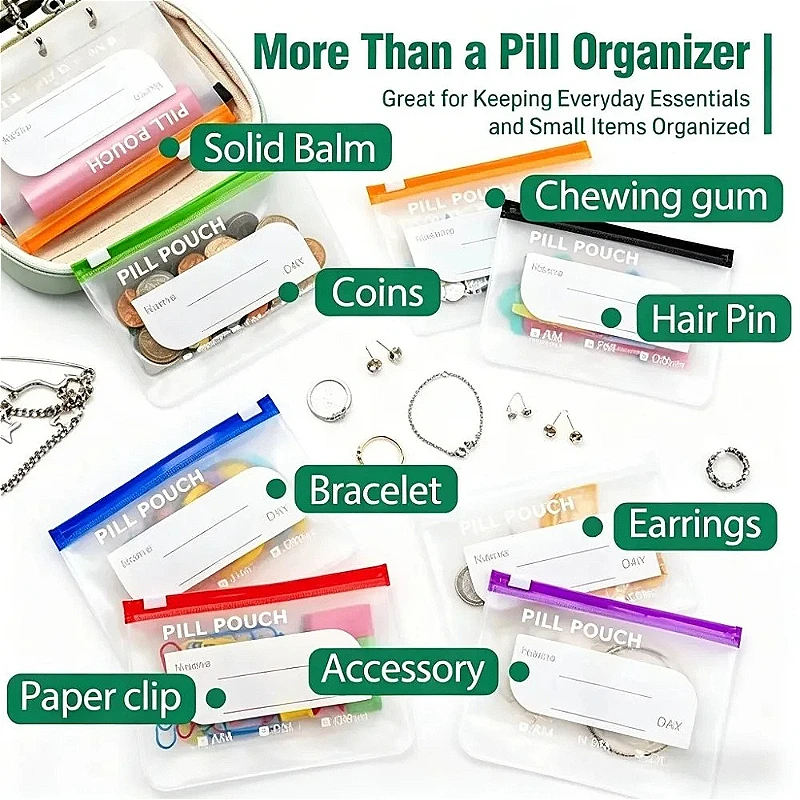 Color-Coded Waterproof Weekly Pill Organizer - Portable Medicine and Vitamin Storage Pouches Set