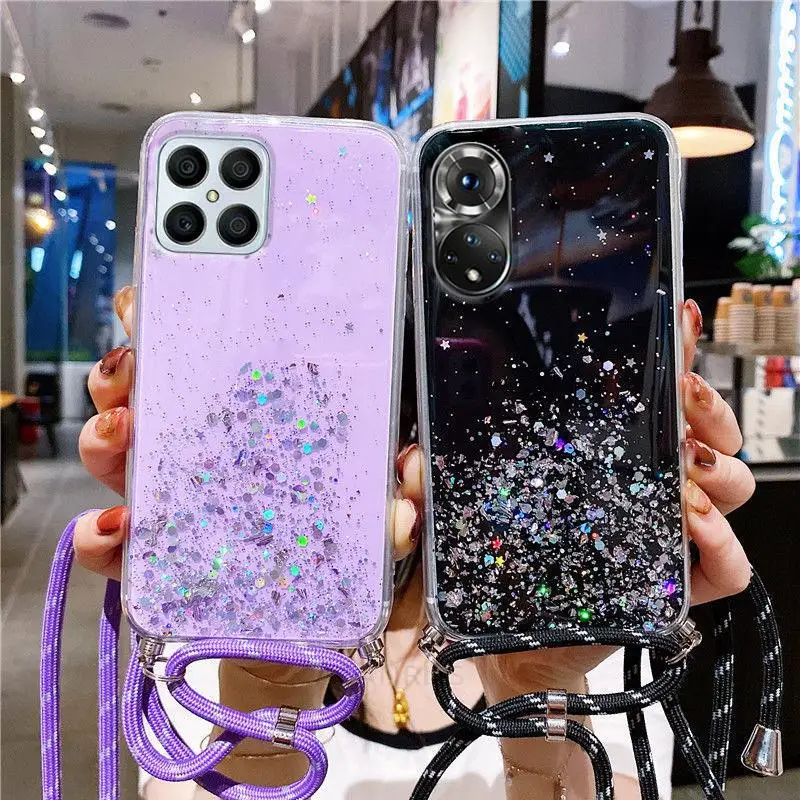 Luxury Glitter Strap Cord Necklace Lanyard Case For Huawei Honor 50 70 X8 X6s X7 A 4g X8A X7A X6 X9 5G Back Cover On Honor50 Pro_voghion.com