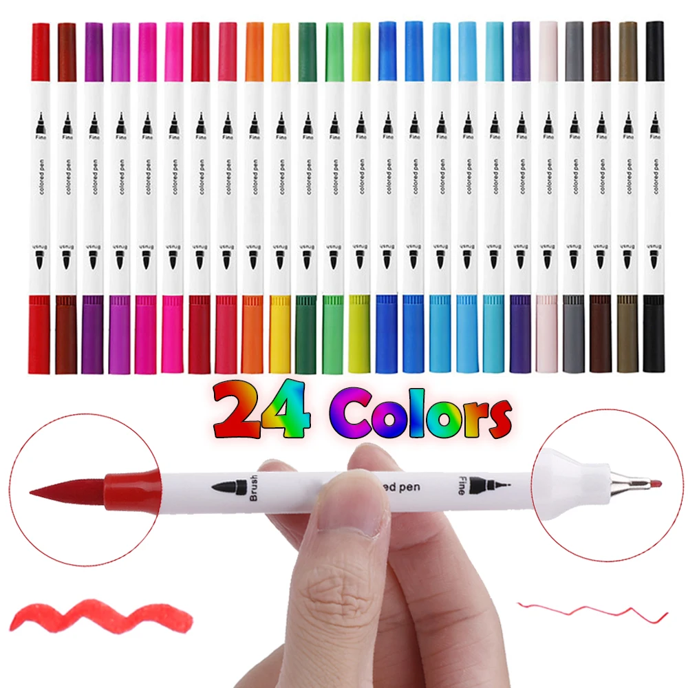 Dual Tips Brush Pen Markers 12/24 Colors