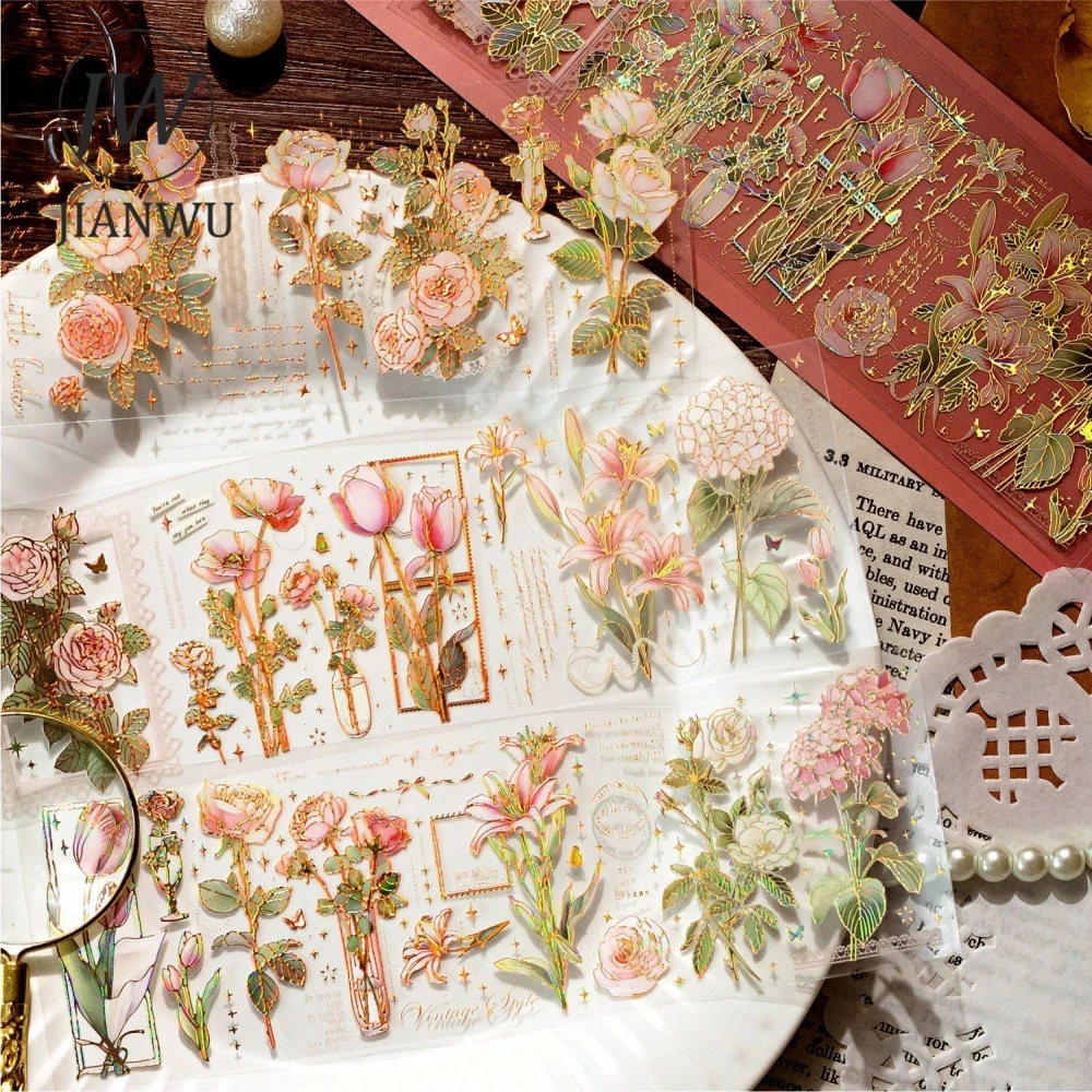 

JIANWU 3 Sheets Eaton Garden Series Vintage Flower Laser Gold Material Decor PET Sticker Creative DIY Journal Collage Stationery