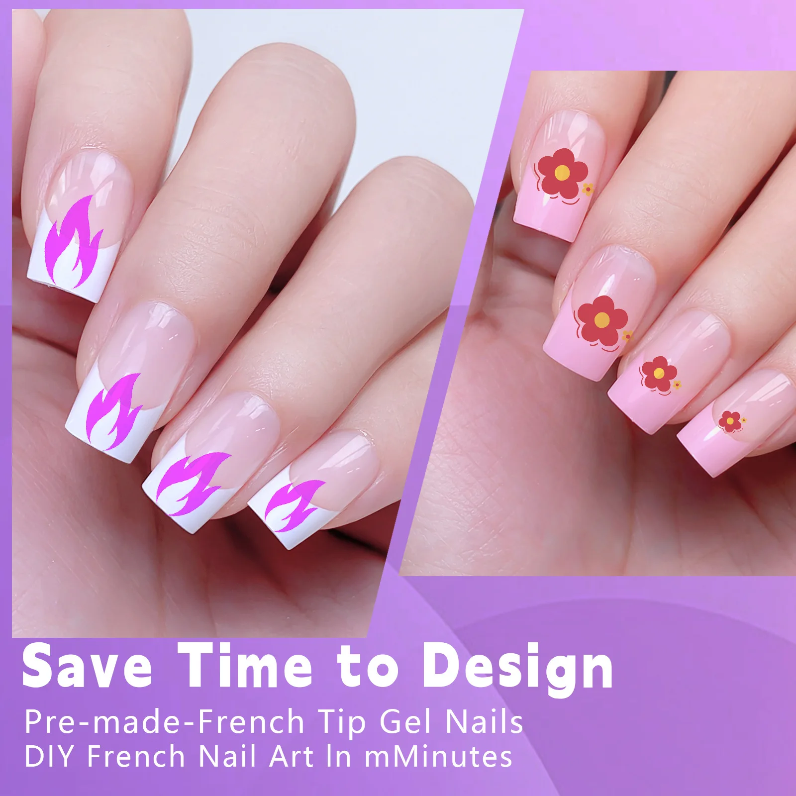120-Piece Box of Removable Acrylic French Square False Nails - Medium Length Full Cover Nail Tips