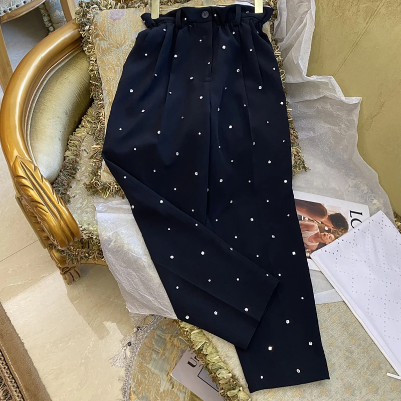 

2023 High-end New Fashion Luxury Diamond-Studded Elastic Waist Ruffles Bud Pants Casual Elegant Black Long Pants Women Autumn